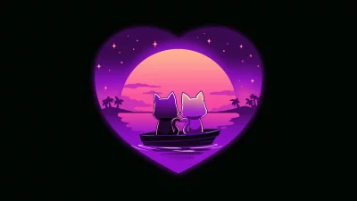 Cute Cat Couple Boating at Romantic Sunset in Heart Frame Digital Illustration image