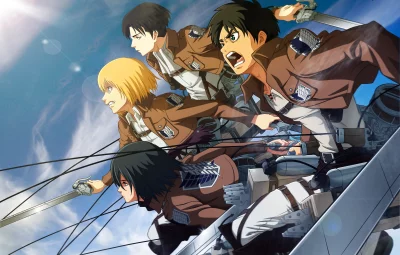 Attack on Titan Heroes in Dynamic Flight Across Blue Sky image