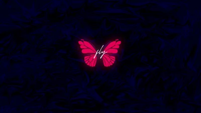 Vibrant Glowing Pink Butterfly Abstract Art on Dark Blue Marble Background Wallpaper image