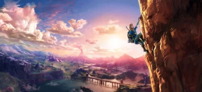 Heroic Link climbing a sun-drenched cliff overlooking a vast fantasy world image