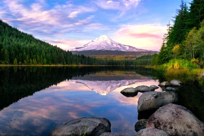 Majestic Snow-Capped Mountain Reflected in Tranquil Lake at Sunset image