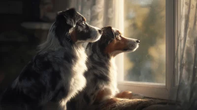 Two Loyal Australian Shepherd Dogs Gazing Out a Sunlit Window at Home