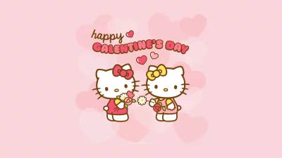 Cute Hello Kitty Friends Celebrating Happy Galentine's Day with Flowers and Hearts image