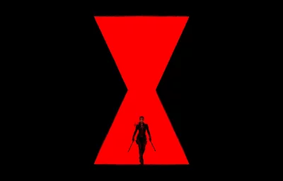 Dynamic Black Widow Silhouette in Iconic Red Hourglass Logo on Dark Background image