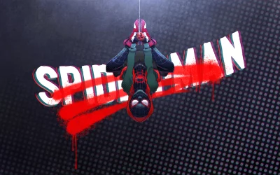 Miles Morales Spider-Man Hanging Upside Down, Dynamic Comic Logo Art image