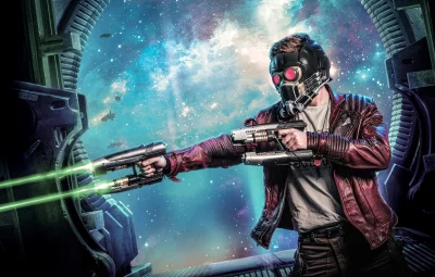 Galactic hero in red leather jacket firing futuristic blasters in starry cosmos image