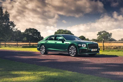 Stunning Green Luxury Car Parked on Scenic Country Road with Beautiful Sky image