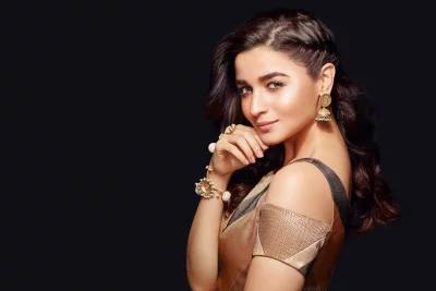 Beautiful Indian Actress Alia Bhatt in Traditional Golden Jewelry Ethnic Fashion Portrait image