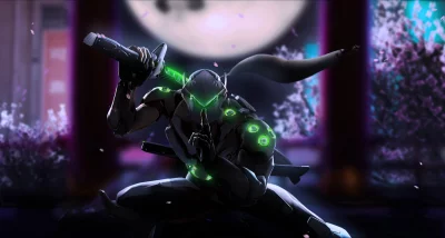Genji Cybernetic Ninja with Glowing Katana and Cherry Blossoms under a Full Moon image