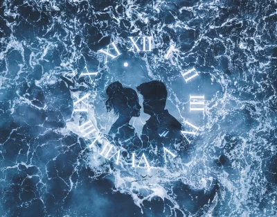 Romantic Silhouettes in Ocean Time Clock: Eternal Love on Blue Waves image