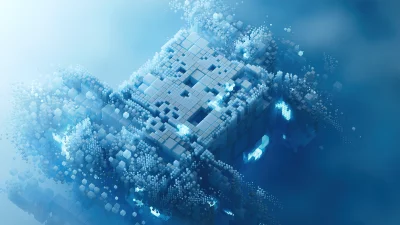 Abstract Digital Network of Glowing Blue Cubes and Data Particles Representing Technology image