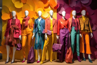 Vibrant Fashion Display with Mannequins Showcasing Colorful Spring Outfits image