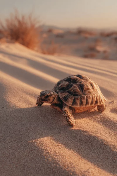 Desert Tortoise Crawling Across Sandy Dunes in Golden Hour Light