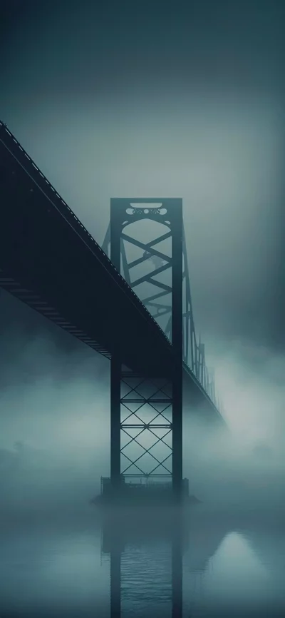 Mysterious Suspension Bridge Disappearing into Thick Fog Over Calm Reflective Water image