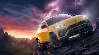 Luxury yellow Lamborghini Urus SUV navigating treacherous rocky terrain under intense lightning storm. image