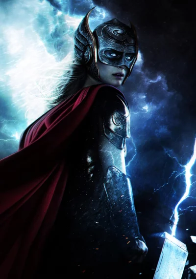 Mighty Female Thor Wielding Mjolnir with Powerful Lightning in Stormy Sky image
