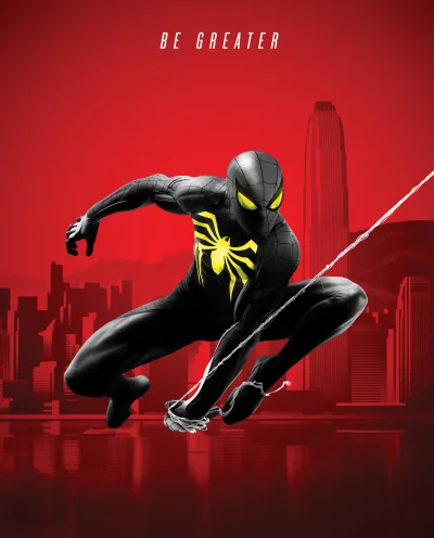 SpiderMan in Black Suit Swinging Over Stylized Red Cityscape at Sunset image