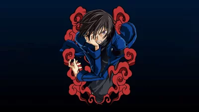 Anime Male with Intense Gaze, Blue Jacket, and Swirling Red Aura image