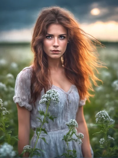 Pensive Redhead Woman in Sheer Dress Amidst White Wildflowers at Dusk image