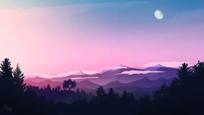 Minimalist Mountain Landscape with Vibrant Pink Purple Sunset and Moon in Digital Art Style image