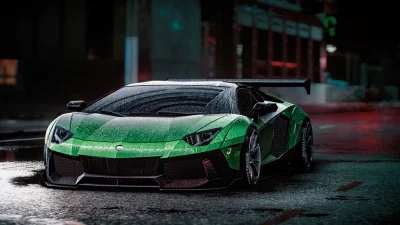 Dynamic Green Supercar Reflecting City Lights on Wet Urban Night Asphalt image