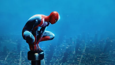 Vigilant Spider-Man in Classic Red and Blue Suit Overlooking Vast Urban Metropolis image