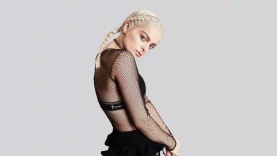 Confident Young Woman in Fishnet Top and Braids Posing image