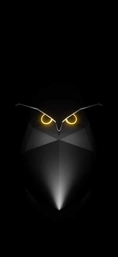 Abstract Geometric Owl with Glowing Yellow Eyes on Black Background
