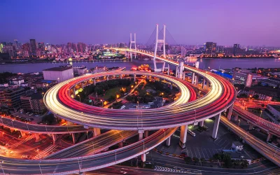 Vibrant Urban Nightscape: Long Exposure Traffic on Shanghai's Iconic Highway Interchange image