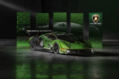 Green Lamborghini Essenza SCV12 Hypercar Modern Race Car Cinematic Wallpaper Stock Photo image