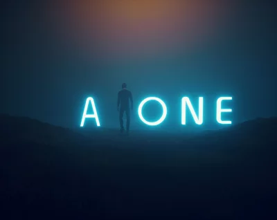 Man Silhouette Walks Toward Glowing ALONE Neon Sign on Misty Horizon image