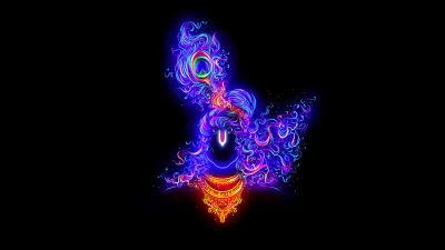 Vibrant Neon Lord Krishna Divine Portrait with Peacock Feather Art image