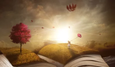 Dreamy Girl Holding Pink Balloons in Fantasy Book Landscape Cinematic Wallpaper image