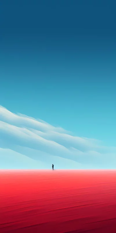 Lone figure walks across a vast, surreal red landscape under a bright blue sky with stylized clouds.