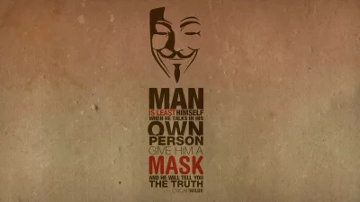 Iconic V for Vendetta mask with Oscar Wilde quote about truth and identity on a textured background image