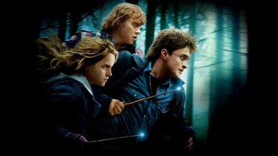 Magical Trio Running Through an Enchanted Forest with Glowing Wands and Adventure image