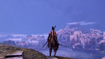 Lone Warrior Overlooking Misty Japanese Valley with Cherry Blossoms and Ancient Pagodas at Twilight image