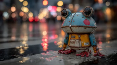 Rusty robot frog character in wet city street at night