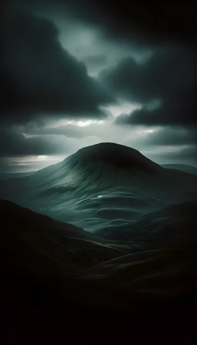 Dramatic Dark Mountainous Landscape Under Overcast Sky with Subtle Light image