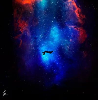 Human Silhouette Floating Serene in Cosmic Nebula with Dazzling Stars image