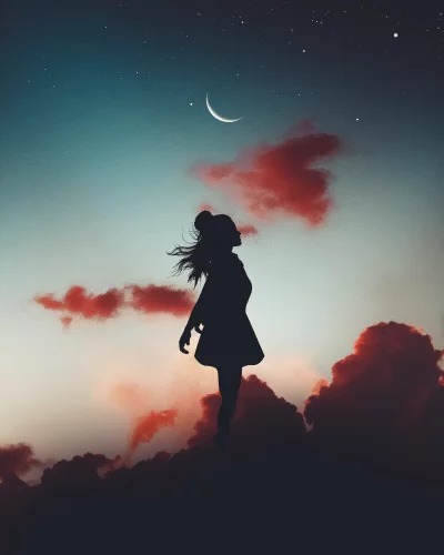 Ethereal Woman Silhouette Under a Celestial Crescent Moon and Swirling Clouds image
