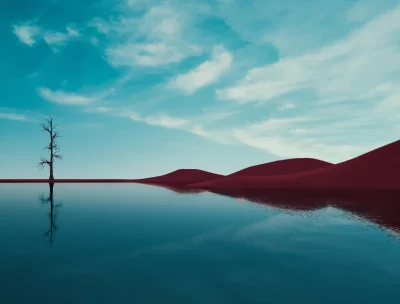 Ethereal Landscape with Dead Tree Reflected in Blue Lake and Red Dunes image