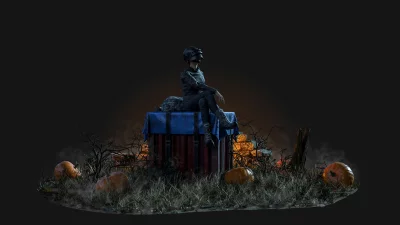Tactical Helmeted Player Rests on Game Supply Crate in Spooky Night Environment image