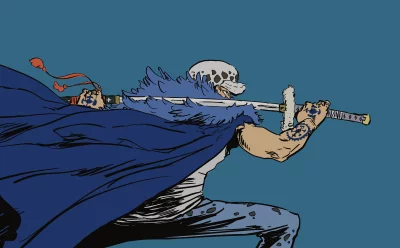 Dynamic Anime Swordsman Character with Skull Hat and Blue Cloak Illustration image