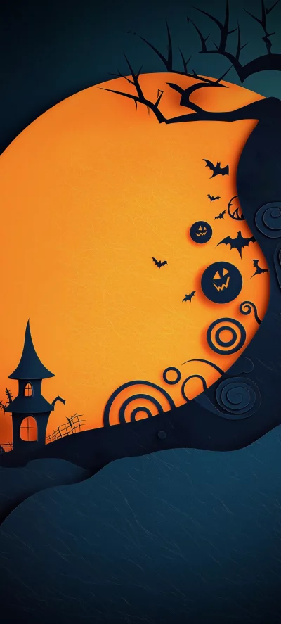 Spooky Halloween scene with haunted house, bats, and pumpkins under a large moon