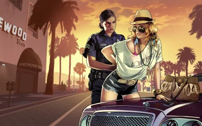 Stylized Vinewood Police Encounter with Glamorous Woman at Sunset image