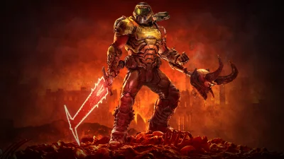 Mighty Armored Warrior with Glowing Sword and Demonic Weapon in Fiery Hellscape image