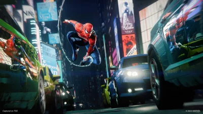 Dynamic Spider-Man Web-Slinging Through Vibrant, Neon-Lit Urban Cityscape at Night image