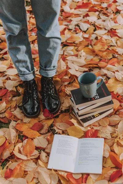 looking up at a person standing in a pile of autumn leaves