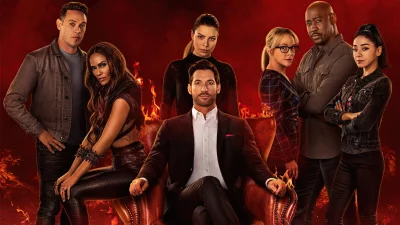 Dynamic ensemble cast of a supernatural drama series posing confidently against a fiery backdrop image